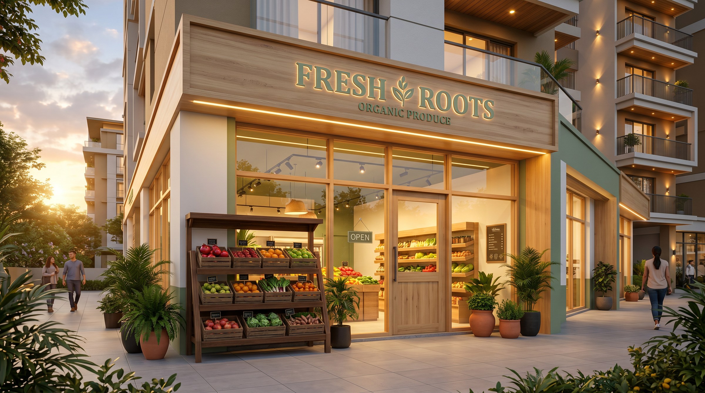 The Fresh Roots storefront at The Ornate, Baner, a warm wooden facade with the Fresh Roots sign, a glowing interior and a tiered display of fresh produce